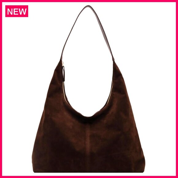 Handbags - Large Faux Suede Shoulder Tote Bag, Zipper Closure, Lightweight Travel Work